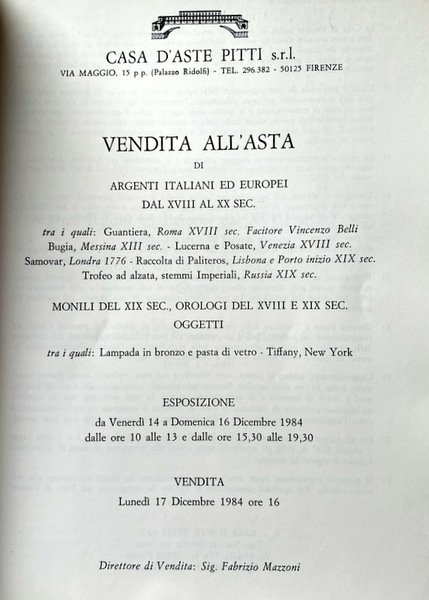 VENDITA ALL'ASTA DI ARGENTI DAL XVIII AL XX SECOLO, MONILI …