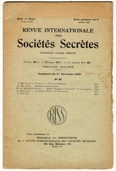 Revue internationale des sociétés secrètes. Tome XVIII, année 1929, n° …