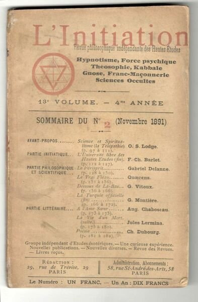 L'Initiation. Revue philosophique indépendante des Hautes Etudes. Hypnotisme, Théosophie, Kabbale, …