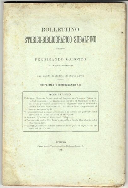 Bollettino storico-bibliografico subalpino. Supplemento Risorgimento n. II