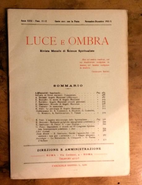 Luce e Ombra. Rivista mensile di Scienze Spiritualiste. Fascicolo doppio …