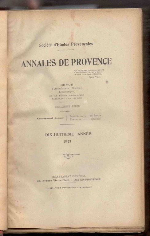 Annales de Provence. Société d'Etudes Provençales. Dix-huitième année, 1921 - …