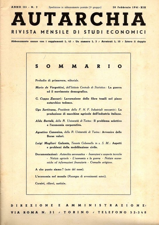 Autarchia. Rivista mensile di studi economici. Anno III, n. 7