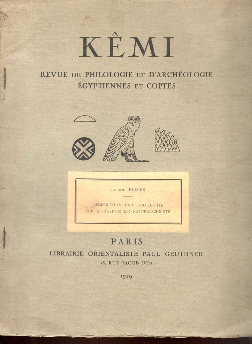 Bemerkungen und Lesefrüchte zur Altägyptischen Naturgeschichte. (In) Kemi. Revue de …
