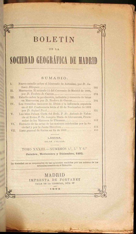 Boletín de la Real Sociedad Geográfica de Madrid. Tomo XXXIII. …