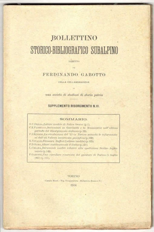 Bollettino storico-bibliografico subalpino. Supplemento Risorgimento n. III