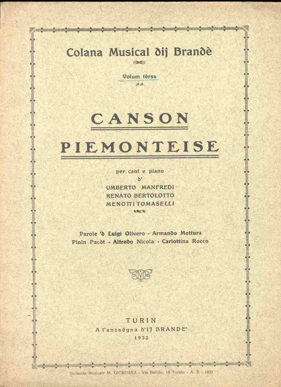 Canson piemonteise per cant e piano d' Umberto Manfredi - …