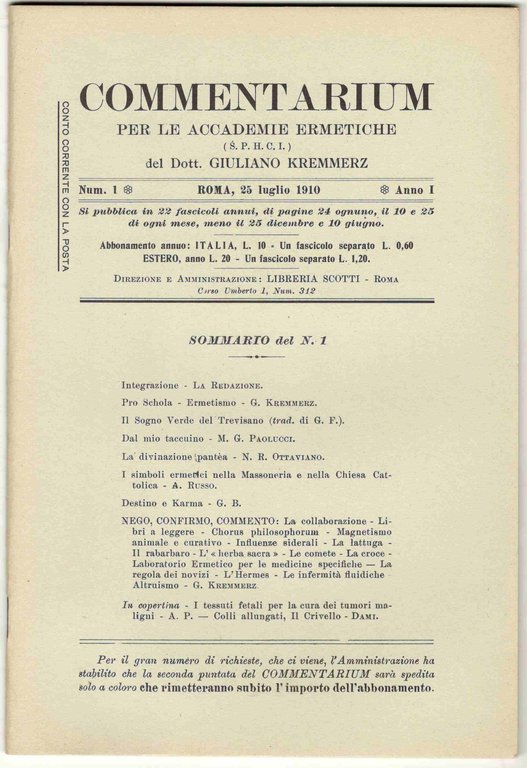 Commentarium per le Accademie ermetiche. Anno I, nn. 1-10. (Edizione …