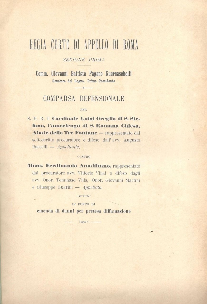 Comparsa defensionale per S.E.R. il Cardinale Luigi Oreglia di S. …