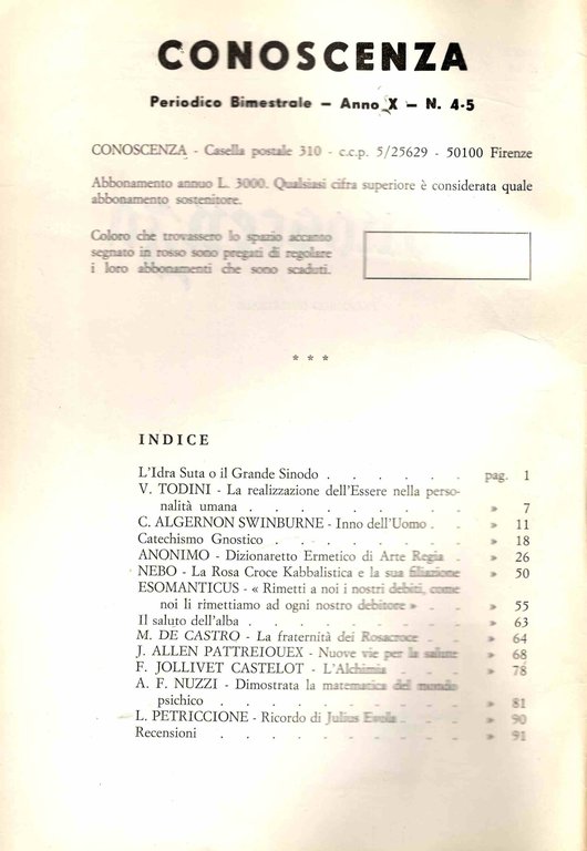 Conoscenza. Periodico bimestrale. Anno X. N. 4-5. Luglio-Ottobre 1974