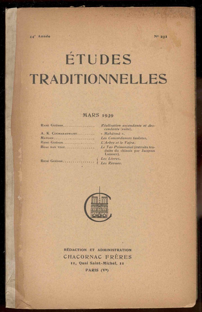 Études Traditionnelles. 44e année. Numero 231. Mars 1939