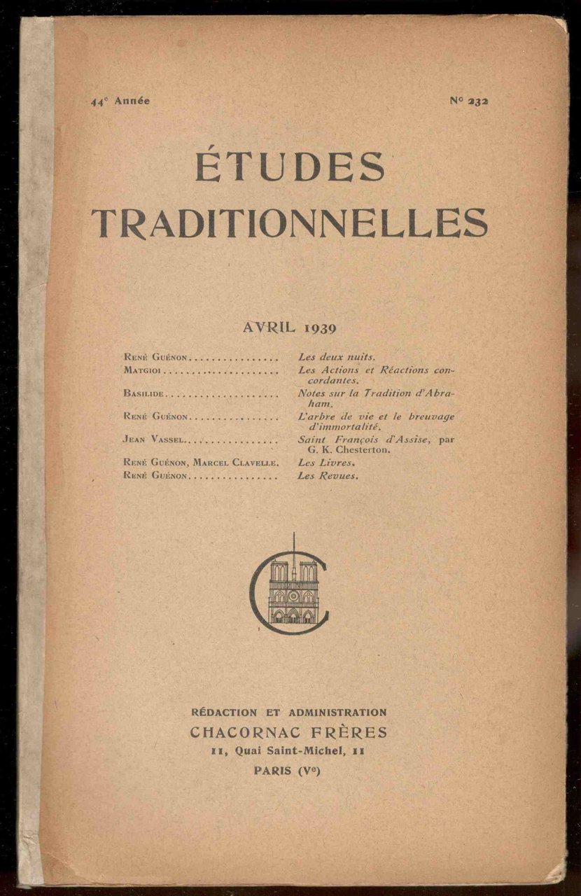 Études Traditionnelles. 44e année. Numero 232. Avril 1939