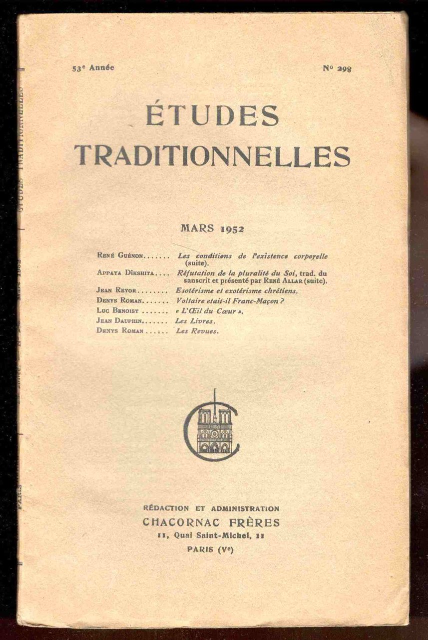 Études Traditionnelles. 53e année. Numero 298. Mars 1952