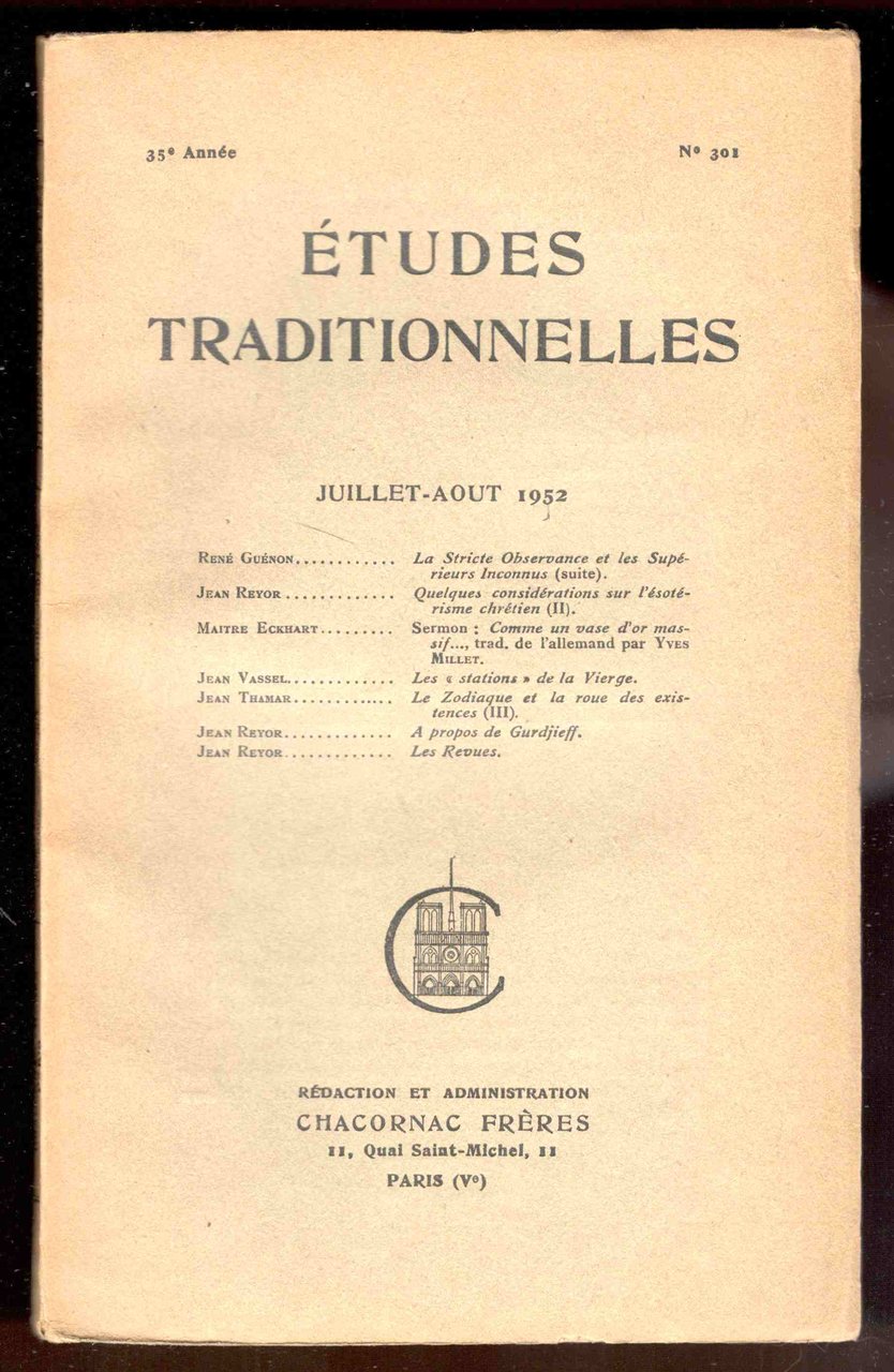 Études Traditionnelles. 53e année. Numero 301. Juillet-Aout 1952