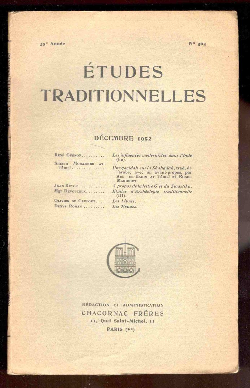 Études Traditionnelles. 53e année. Numero 304. Décembre 1952