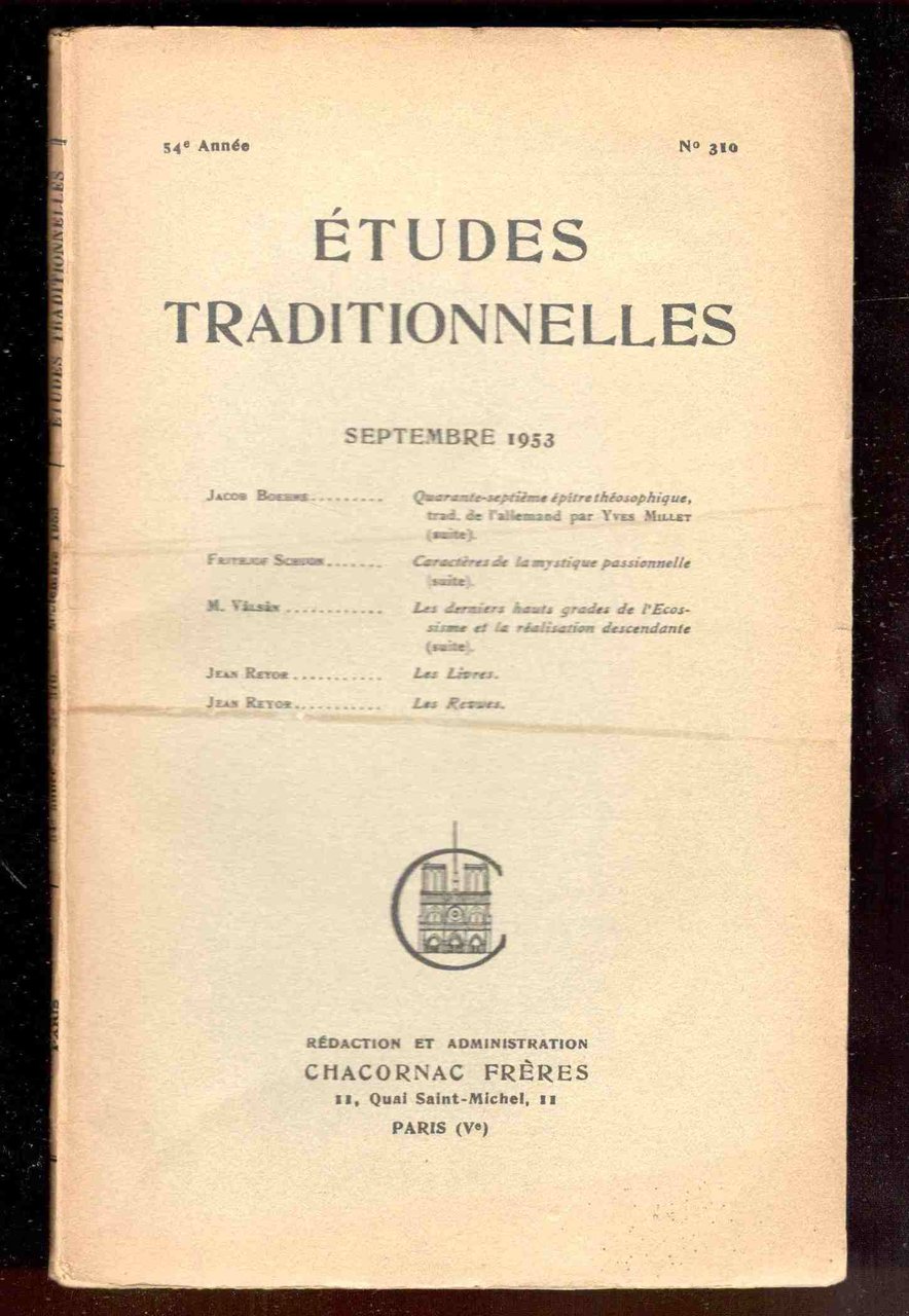 Études Traditionnelles. 54e année. Numero 310. Septembre 1953