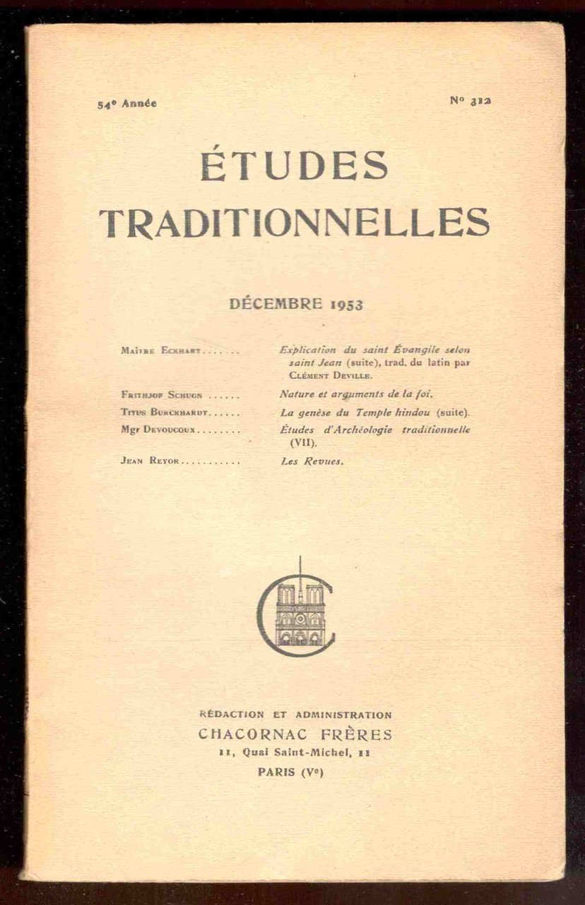 Études Traditionnelles. 54e année. Numero 312. Décembre 1953