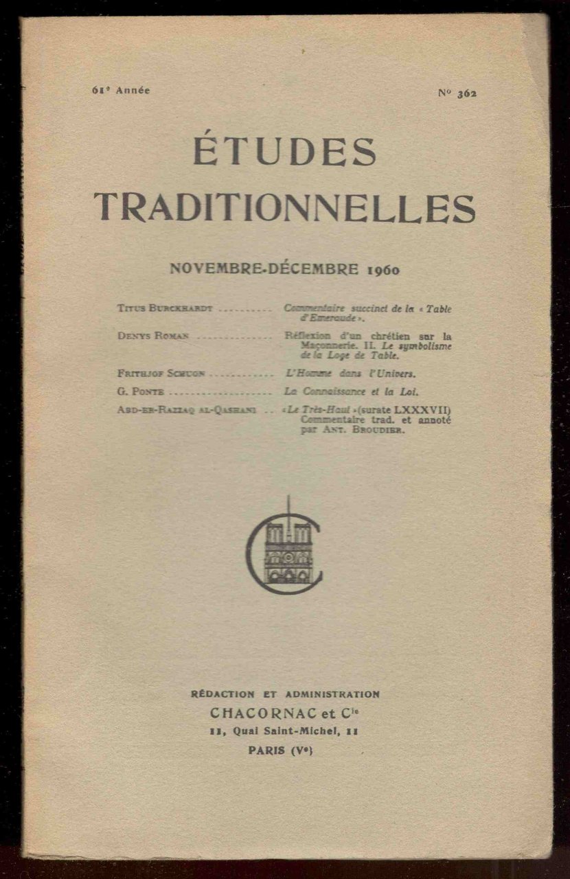 Études Traditionnelles. 61e année. N°362. Novembre - Décembre 1960