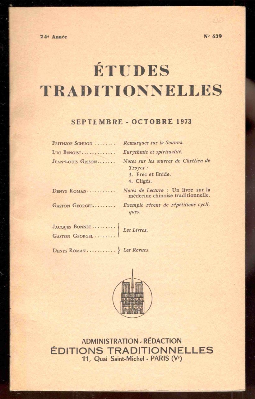 Études Traditionnelles. 74e année. Numero 439. Septembre - Octobre 1973