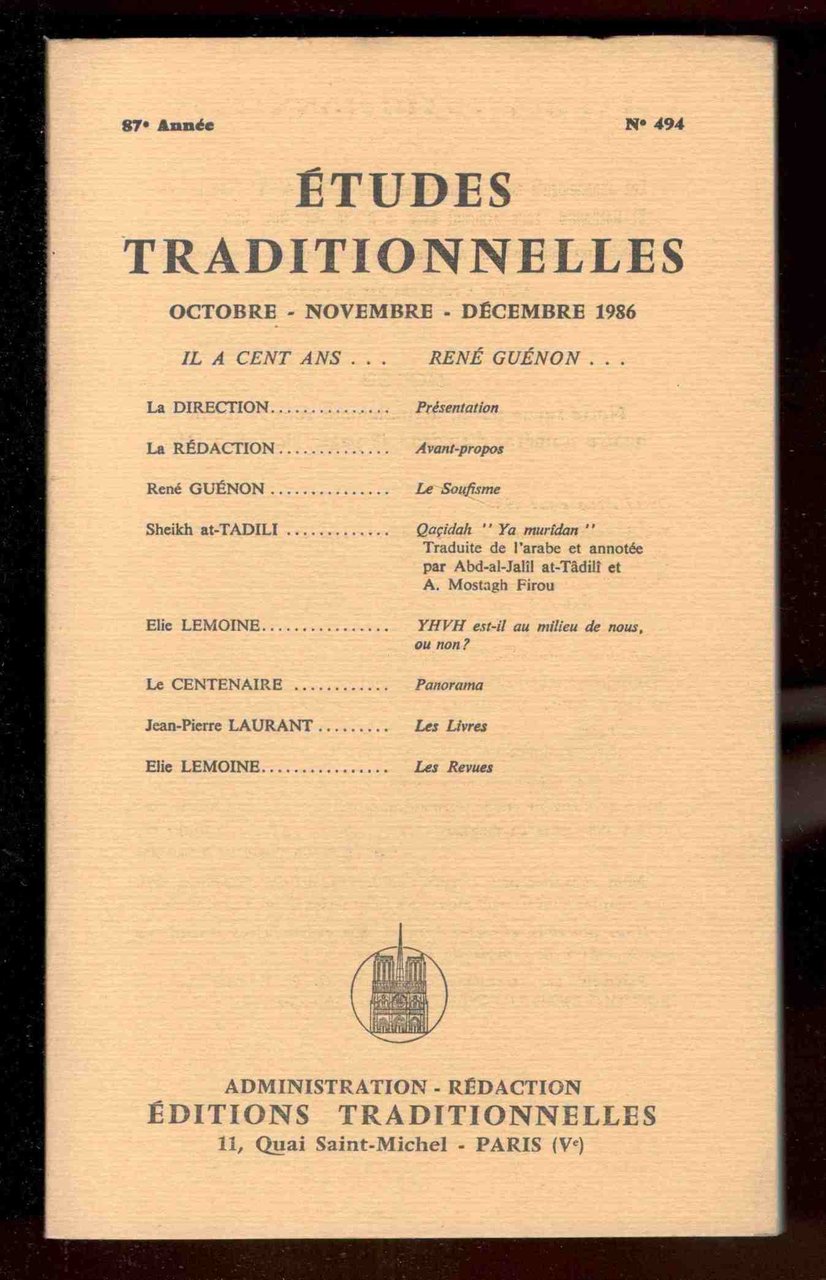 Études Traditionnelles. 87e année. Numero 494. Octobre-Novembre-Décembre 1986
