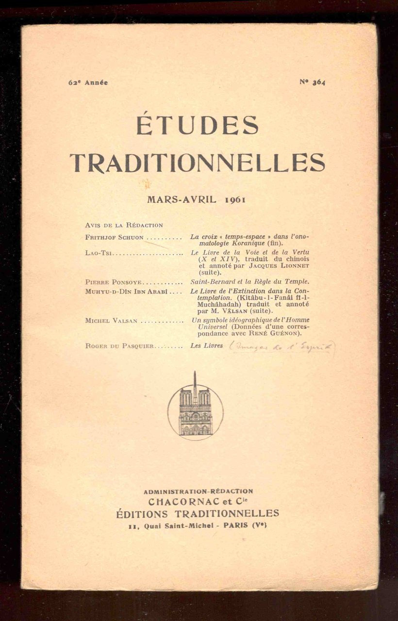 Études Traditionnelles. 62e année. N°364. Mars-Avril 1961