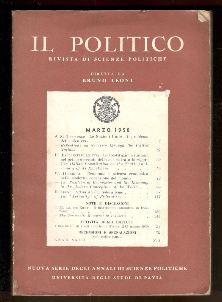 Il politico. Rivista di Scienze Politiche. Marzo 1958