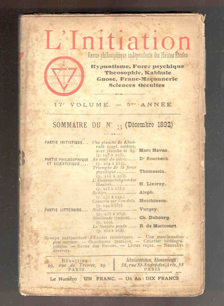 L'Initiation. Revue philosophique indépendante des Hautes Etudes. Hypnotisme, Théosophie, Kabbale, …