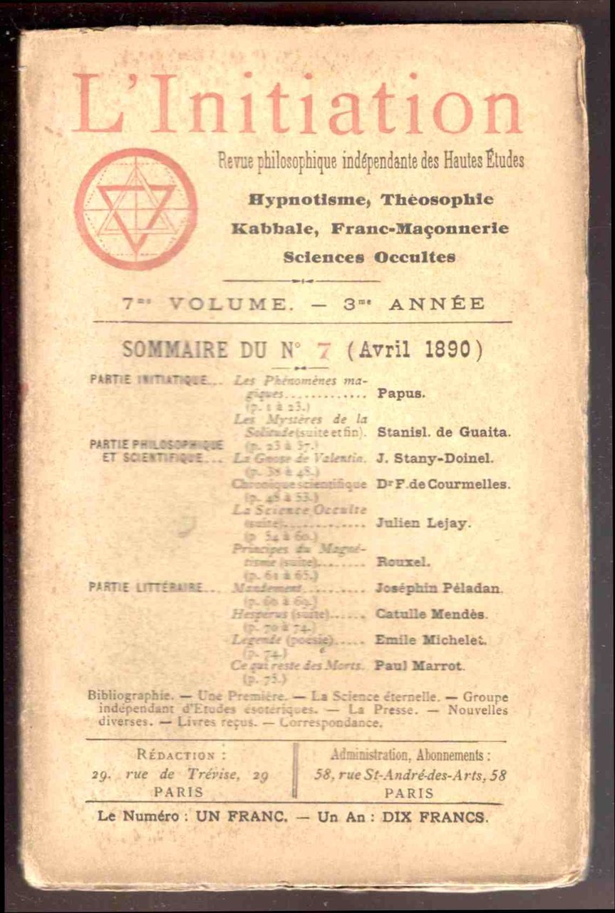 L'Initiation. Revue philosophique indépendante des Hautes Etudes. Hypnotisme, Théosophie, Kabbale, …