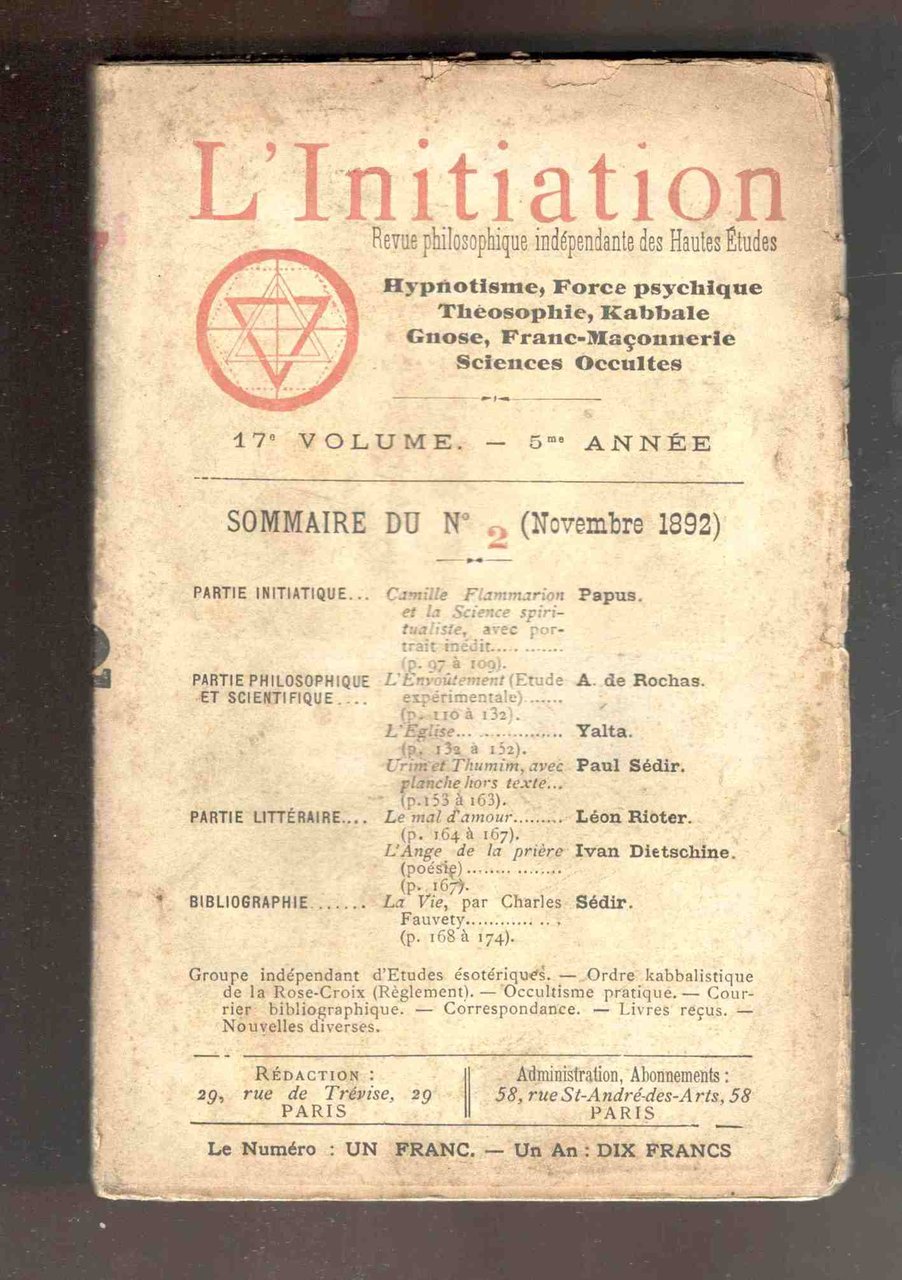 L'Initiation. Revue philosophique indépendante des Hautes Etudes. Hypnotisme, Théosophie, Kabbale, …