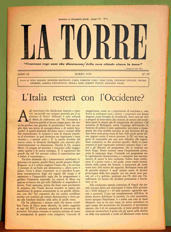 La Torre. Rivista mensile. Anno IX. 1978. Annata completa