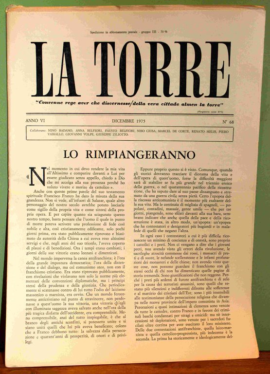 La Torre. Rivista mensile. Anno VI. 1975. 4 fascicoli