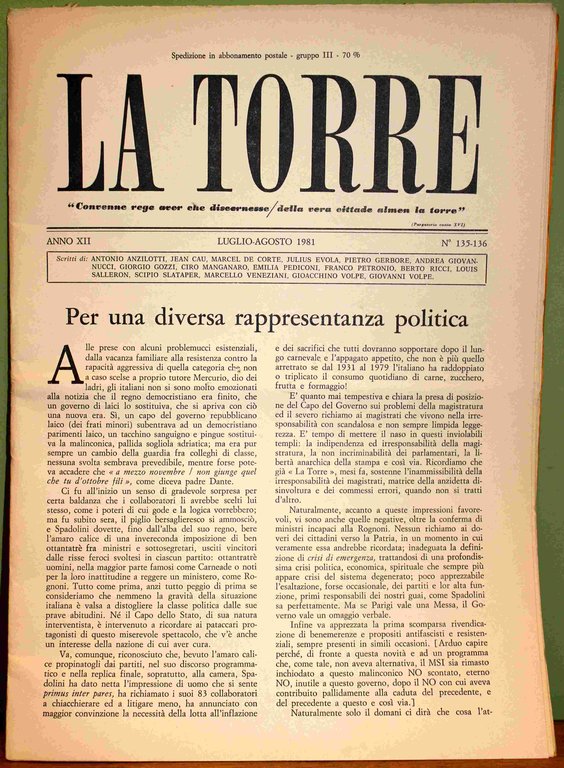 La Torre. Rivista mensile. Anno XII. 1981. 10 fascicoli (su …