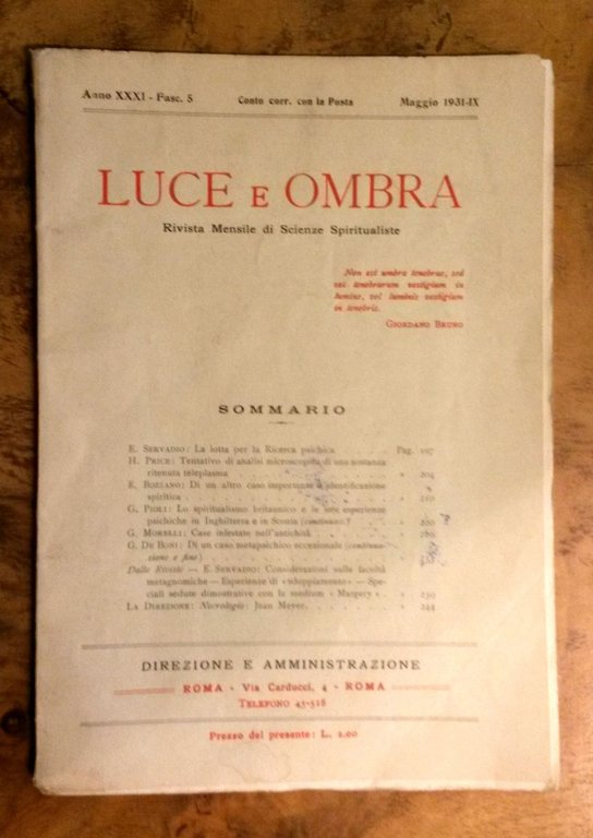 Luce e Ombra. Rivista mensile di Scienze Spiritualiste. Fascicolo 5, …