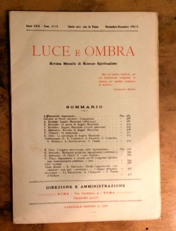 Luce e Ombra. Rivista mensile di Scienze Spiritualiste. Fascicolo doppio …