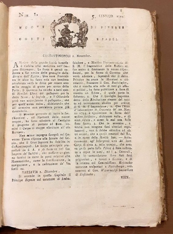 Nuove di diverse corti e paesi. Annata 1795 completa