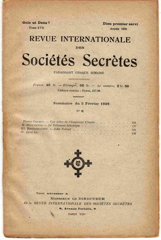 Revue internationale des sociétés secrètes. Tome XVII, année 1928, n° …