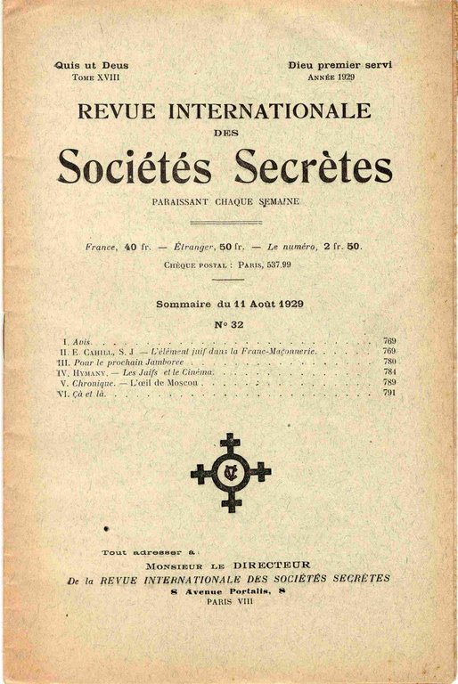 Revue internationale des sociétés secrètes. Tome XVIII, année 1929, n° …