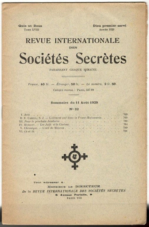 Revue internationale des sociétés secrètes. Tome XVIII, année 1929, n° …