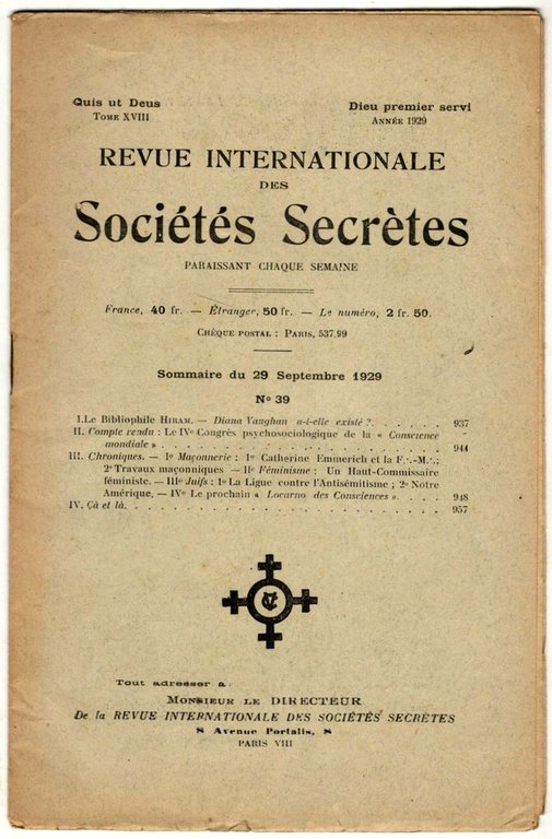 Revue internationale des sociétés secrètes. Tome XVIII, année 1929, n° …