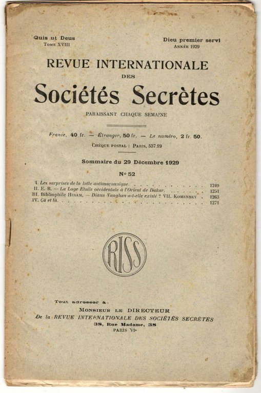 Revue internationale des sociétés secrètes. Tome XVIII, année 1929, n° …