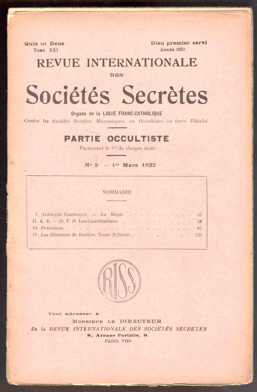 Revue internationale des sociétés secrètes. Tome XIX, année 1932, n° …