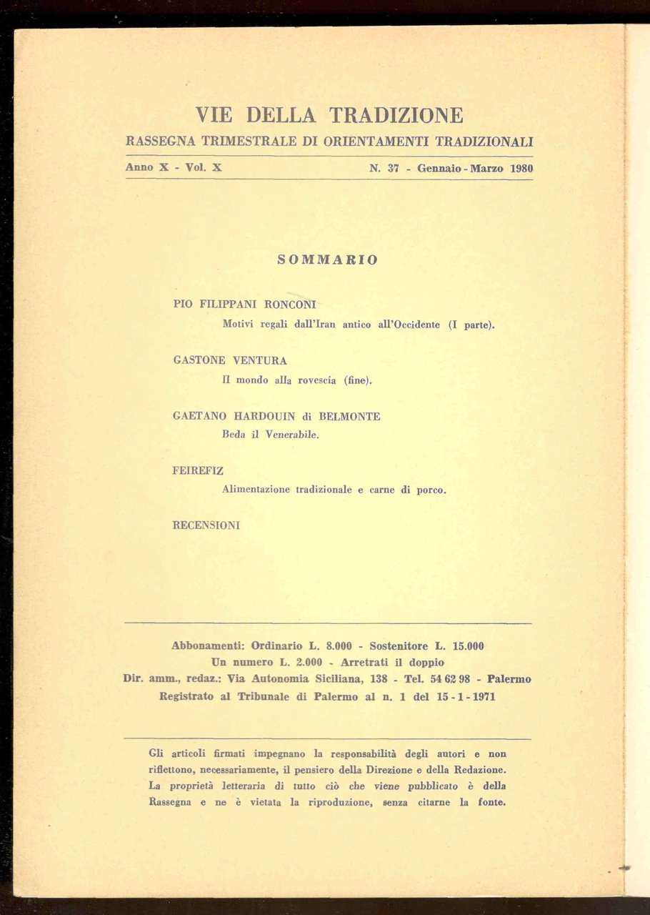 Vie della tradizione. Rassegna trimestrale di orientamenti tradizionali. Anno IX … | Immagine principale