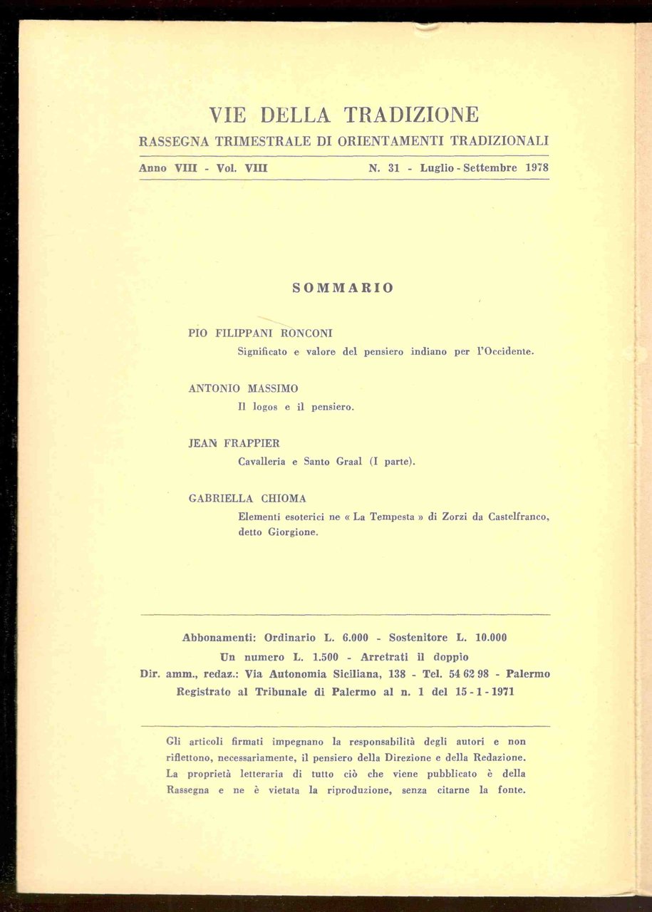 Vie della tradizione. Rassegna trimestrale di orientamenti tradizionali. Anno VIII … | Immagine principale