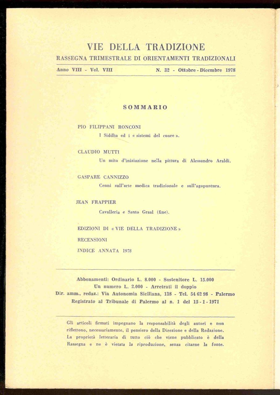 Vie della tradizione. Rassegna trimestrale di orientamenti tradizionali. Anno VIII … | Immagine principale