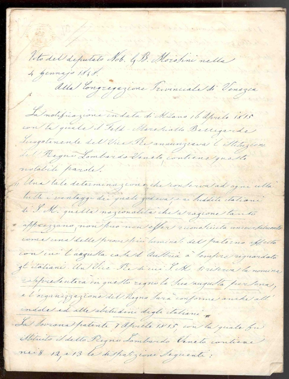 Voto alla Congregazione Provinciale di Venezia ambito del Regno Lombardo-Veneto, …