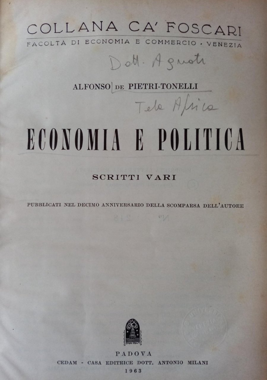 ECONOMIA POLITICA. SCRITTI VARI