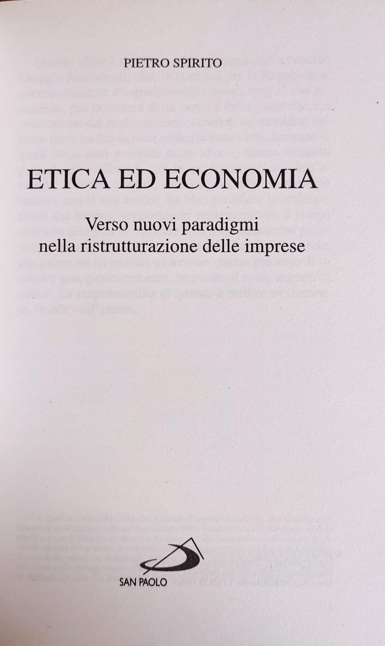 ETICA ED ECONOMIA. VERSO NUOVI PARADIGMI NELLA RISTRUTTURAZIONE DELLE IMPRESE
