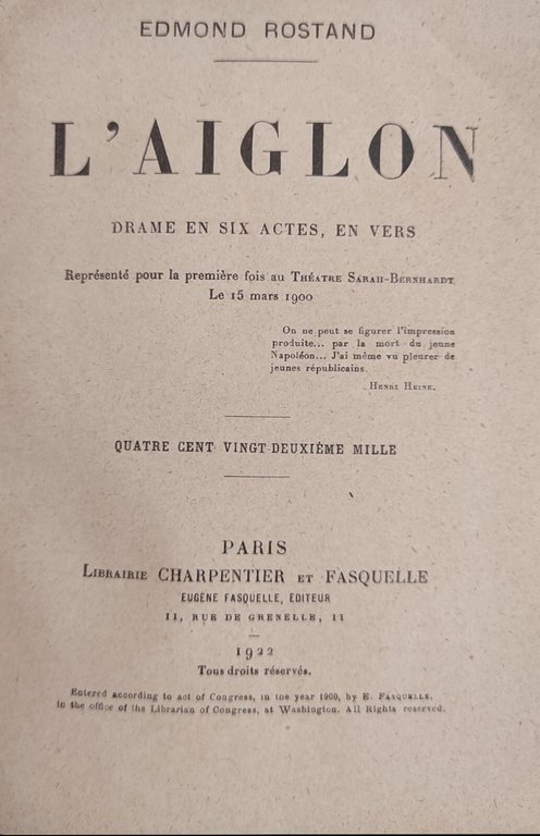 L' AIGLON. DRAME EN SIX ACTES, EN VERSE