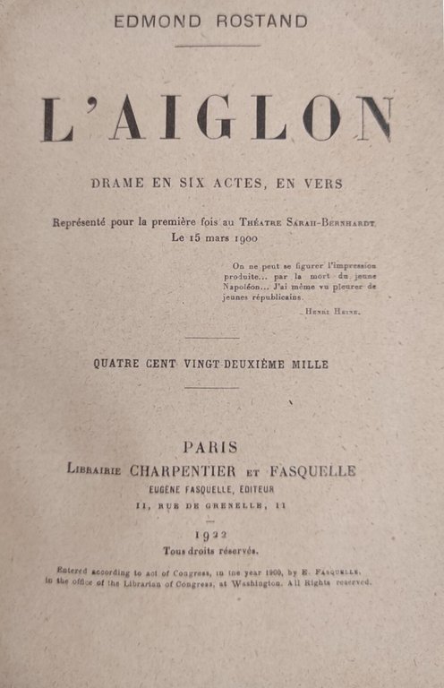 L' AIGLON. DRAME EN SIX ACTES, EN VERSE
