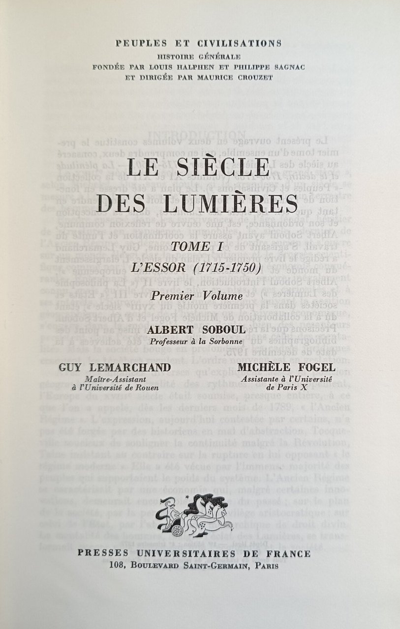 LE SIECLE DES LUMIERES. TOME I. L' ESSOR (1715 - …